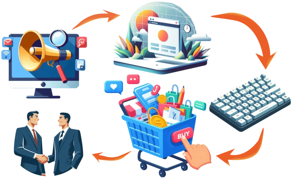 Erklärbild des veränderten AIDA Prinzips: 1. Traffic und Interesse 2. Website Conversion Optimierung 3. Texte 4. Kauf 5. Kundenbindung